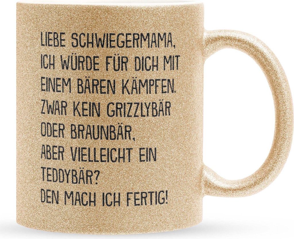 22Feels Glitzertasse Gold Schwiegermama Geschenk Hochzeit Geburtstag Muttertag Weihnachten Frauen Mutter der Braut des Bräutigams Kaffeetasse Hafe...