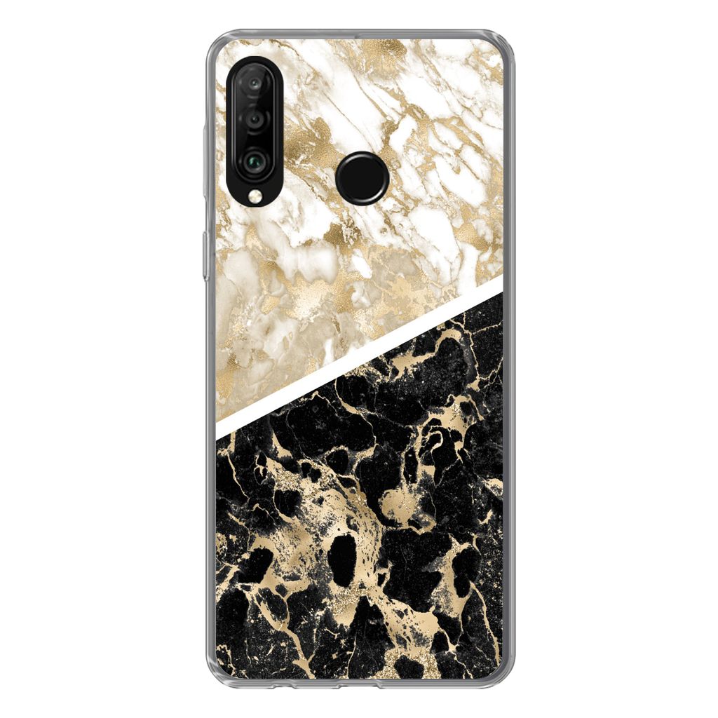 MuchoWow Handyhülle Schutzhülle Hülle für Huawei P30 Lite Marmor - Schwarz und Gold - Schick Silikon Softcase Handy Hülle - Handyhülle