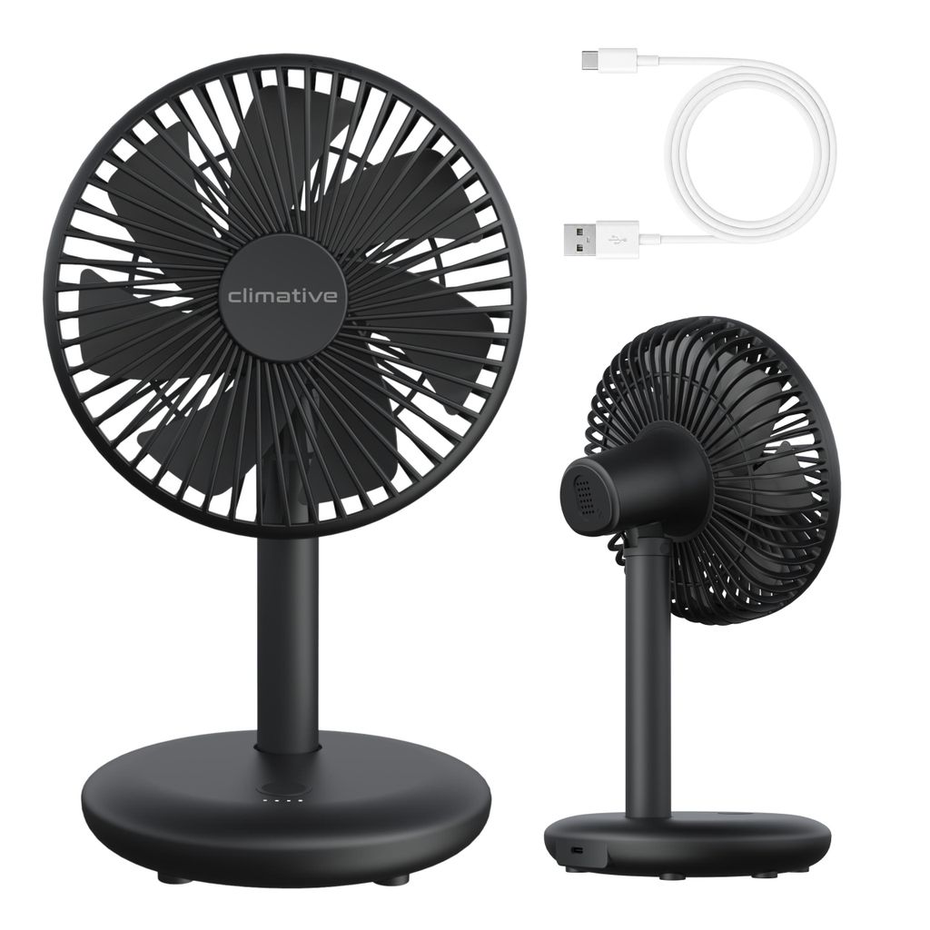 Climative Leiser Tischventilator USB Akku 4000mAh, Ø 16,5cm Mini Lüfter LED, 4 Modi, Naturwind, 20H Laufzeit, Camping Ventilator Büro CoolGo