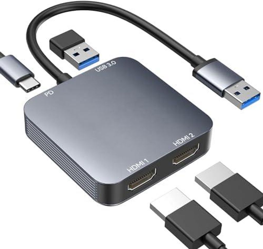 USB 3.0 auf Dual HDMI Adapter mit USB 3.0 Port, HDMI auf USB Audio Video Grafikkonverter für Laptop, Desktop-Monitor, TV, kompatibel mit Mac OS, W...