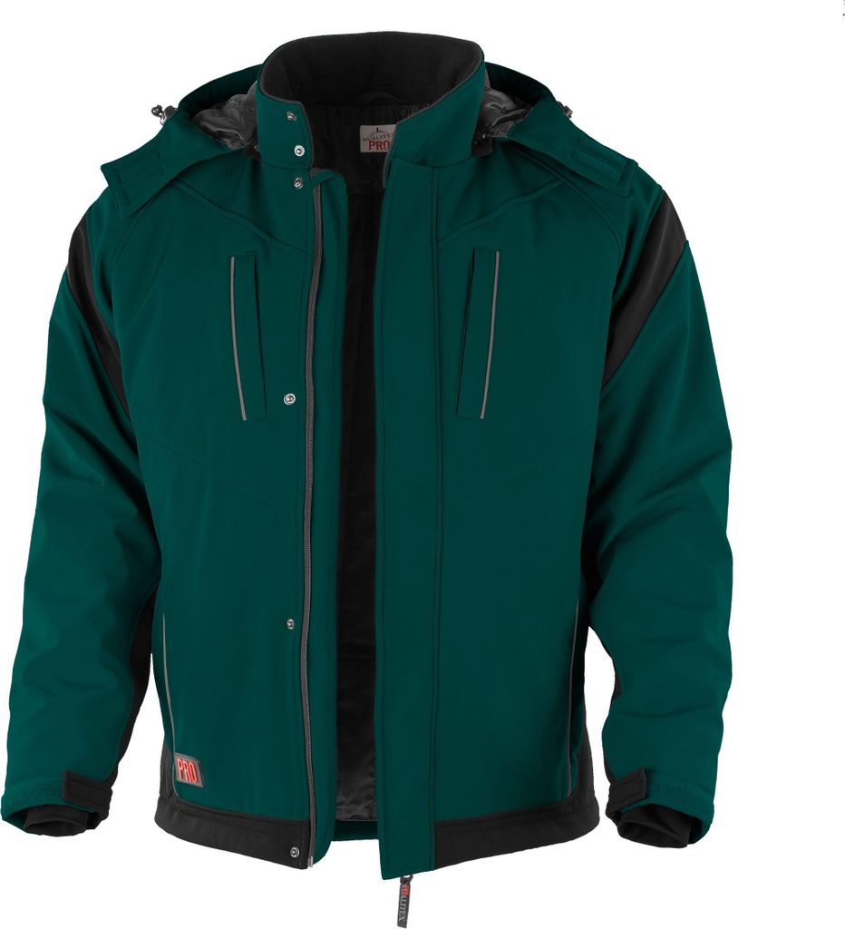 Qualitex Softshelljacke - wetterfeste Winterjacke - wasserabweisende Outdoorjacke mit Kapuze - in Farbe: grün/schwarz - Herren: XS - Damen: 32