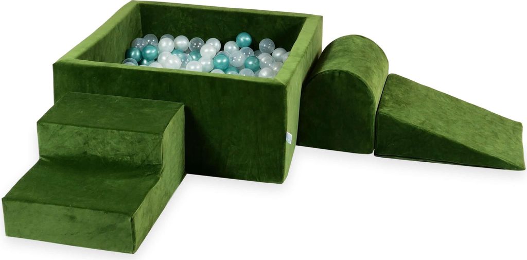 Schaumstoffspielplatz mit quadratischem Pool 90x90x40 Velvet Soft Olive + 400 Bälle: transparent, perlmutt, metallic türkis