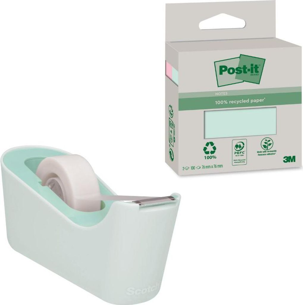 Scotch C18-M Mint Abroller + Magic Tape + Post-it Recycling Haftnotizen Set