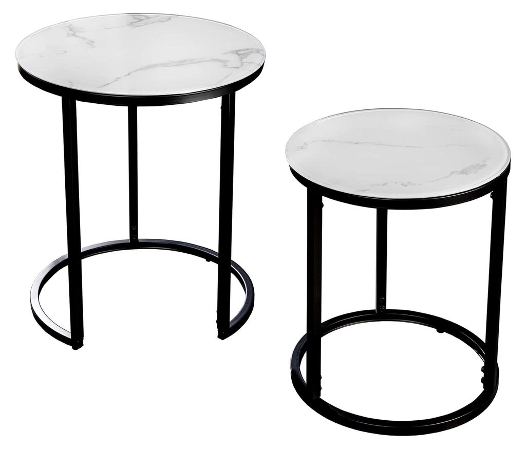 Beistelltisch-Set Elegance 2er Set weiß rund Kristallglas mit Marmor-Nachbildung schwarzes Gestell