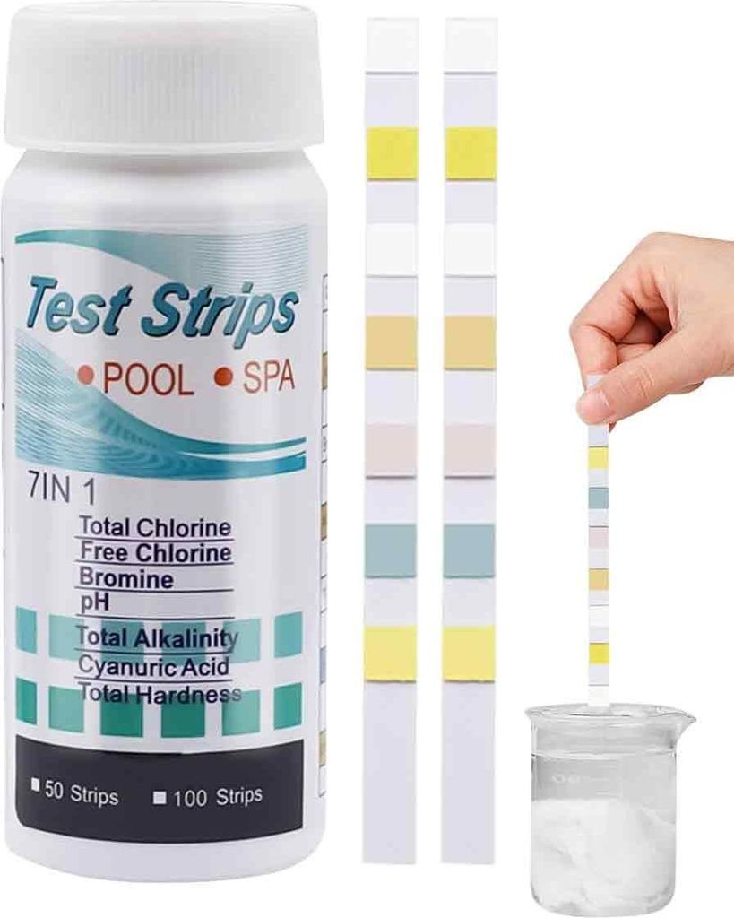 6-in-1-Wasserteststreifen zur Bestimmung der Wasserqualität in Pools und Whirlpools. Diese Teststreifen messen Gesamtchlor, freies Chlor, Brom, Ge...