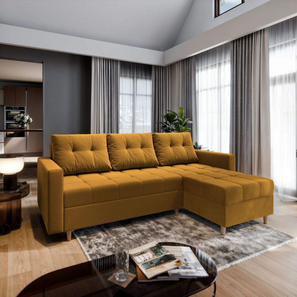 Masseno Ecksofa MILO L mit Schlaffunktion L-Form, Sofa mit Bettkasten, Wohnzimmersofa, Couch, Soffa, Bettsofa, Couchgarnitur- Gelb, KRONOS 01