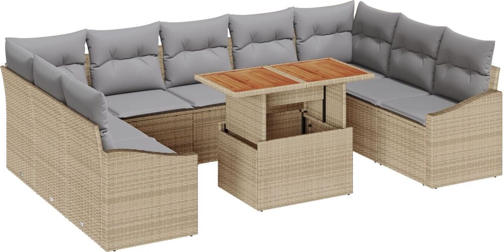 Möbel 10-teiliges Garten Esszimmer Set mit Kissen Beige Poly Rattan Akazie - Gartensofas 3349881