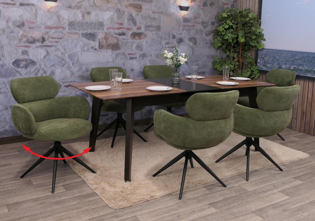 6er-Set Esszimmerstuhl HWC-O77, Küchenstuhl Stuhl, drehbar Auto-Return, Stoff (310g/m²) Chenille olivgrün