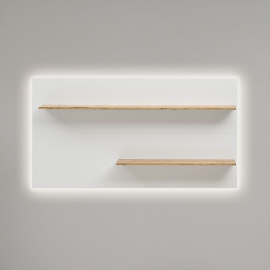 Modernes Wandregal CRISP-61 mit Beleuchtung in weiß mit Absetzungen in Wotan Eiche Nb., B/H/T: ca. 155/80/20 cm