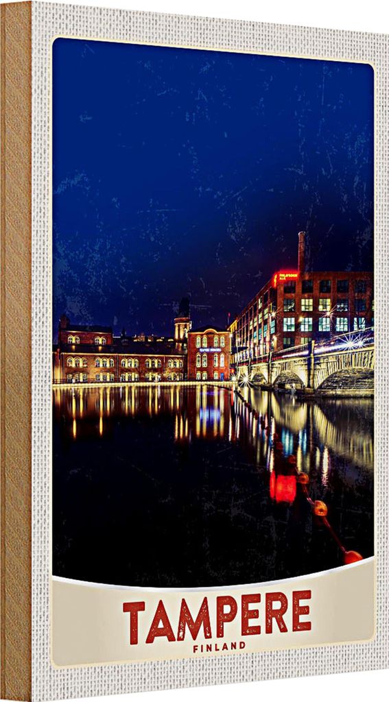 Holzschild Reise 20x30cm Tampere Finnland Europa Stadt Abend