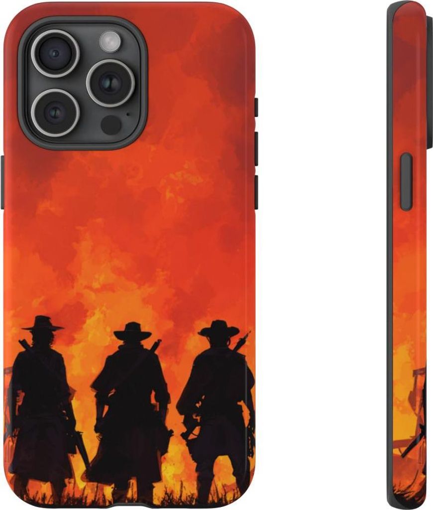Drei Cowboys als Silhouetten vor leuchtendem Sonnenuntergang – Hülle Kompatibel mit iPhone 15 Pro Max