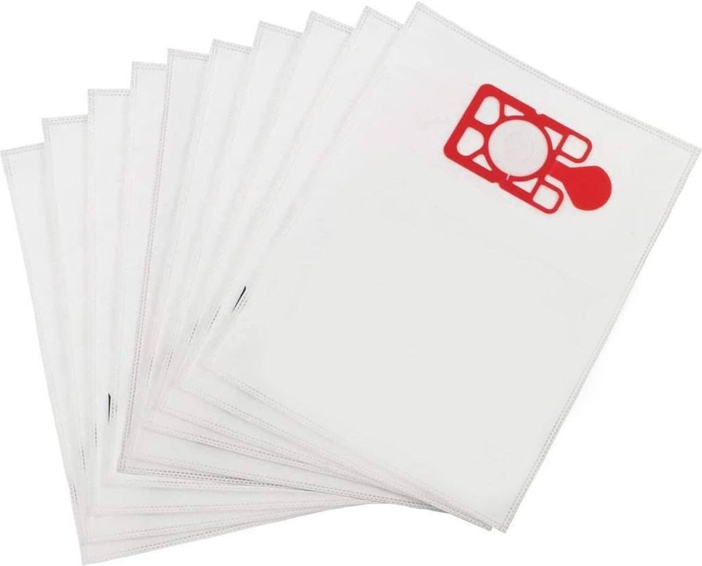 A stack of white vacuum cleaner bags, one of which has a red connector.