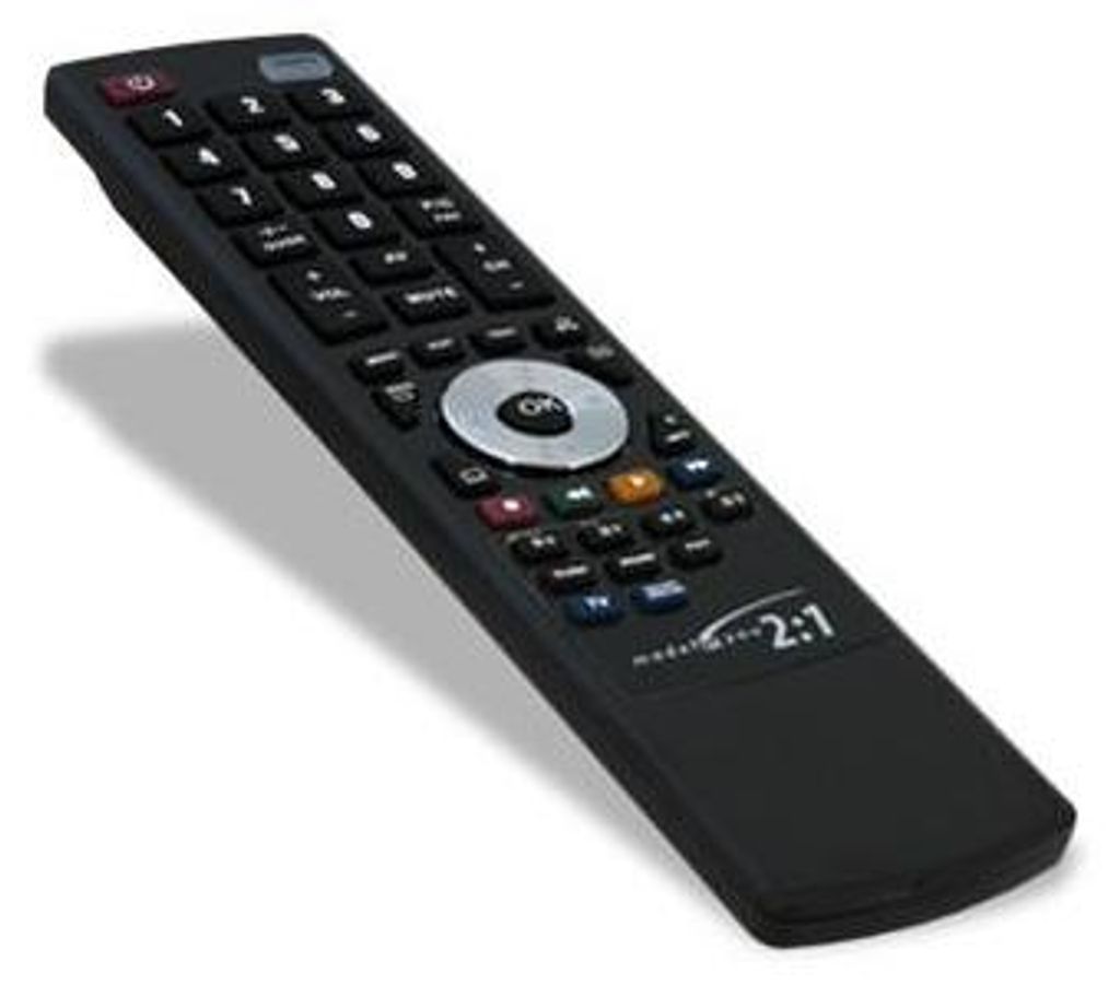 A black universal remote control is shown from a diagonal angle against a white background.