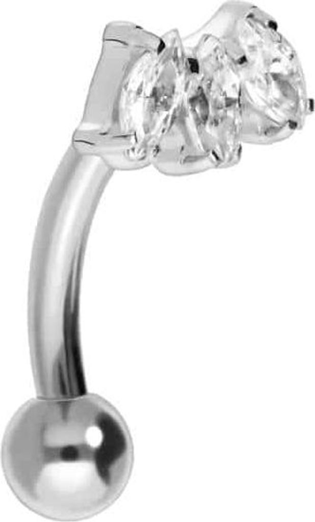 Bauchnabel-Piercing, Rook Piercing Titan Banane mit Push Fit 3 KRISTALLTROPFEN Silber Stablänge: 6mm