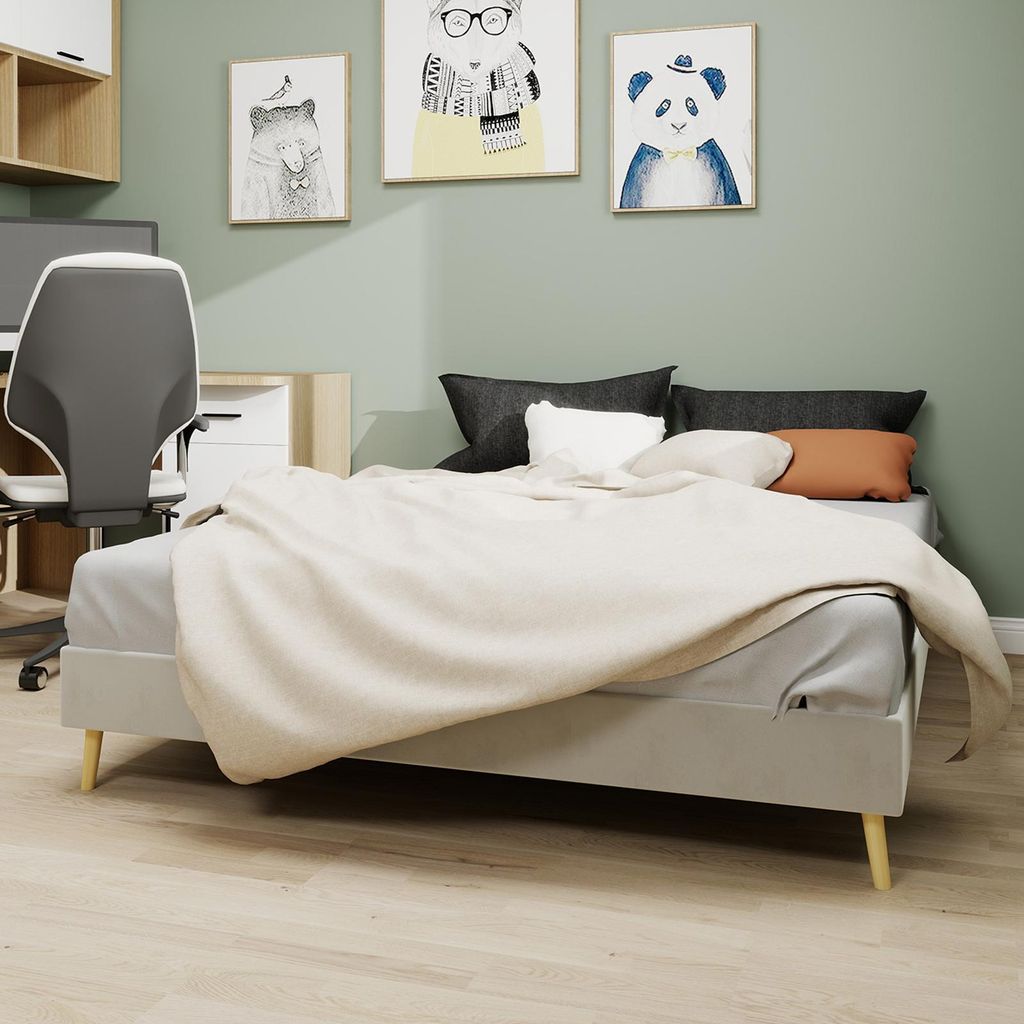 Sweiko Modern Minimalist Bed Frame, 160x200 cm, Beige, Dutch Velvet Fabric, Low-Profile Base, Modern Style Bedroom Furniture. Excludes Gas Lift Mec...