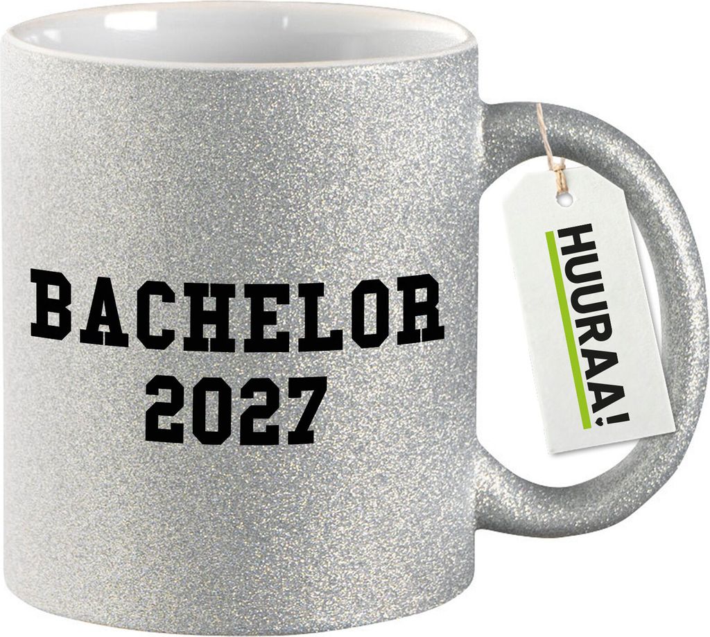 Huuraa Glitzer Tasse Bachelor 2027 Abschluss Geschenk 330ml Silber Bachelor 2027 Präsent