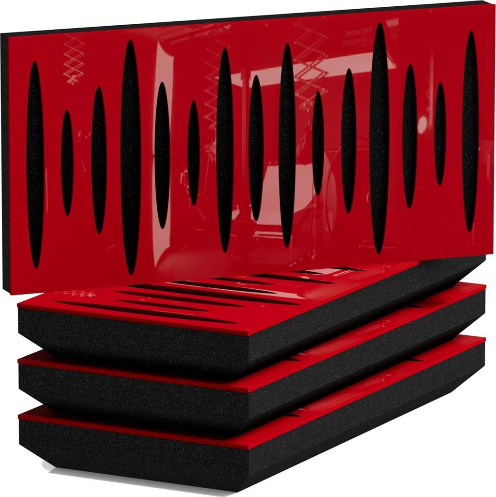 4er-Pack – Schmaler schallabsorbierender Akustik-Diffusionspanel | 25x50cm | Reflexion – Schalldämmung|Dicke – Farbe: [53mm|Rot glänzender ...
