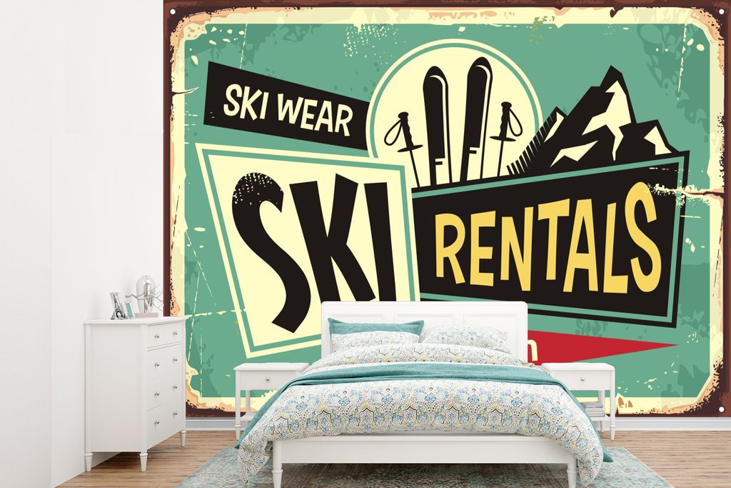 MuchoWow Fototapete für Wohnzimmer oder Schlafzimmer Wandtapete Vinyl Motivtapete Ski - Vintage - Plakatwand - Zeichnung - 305x220 cm - Wandbilder