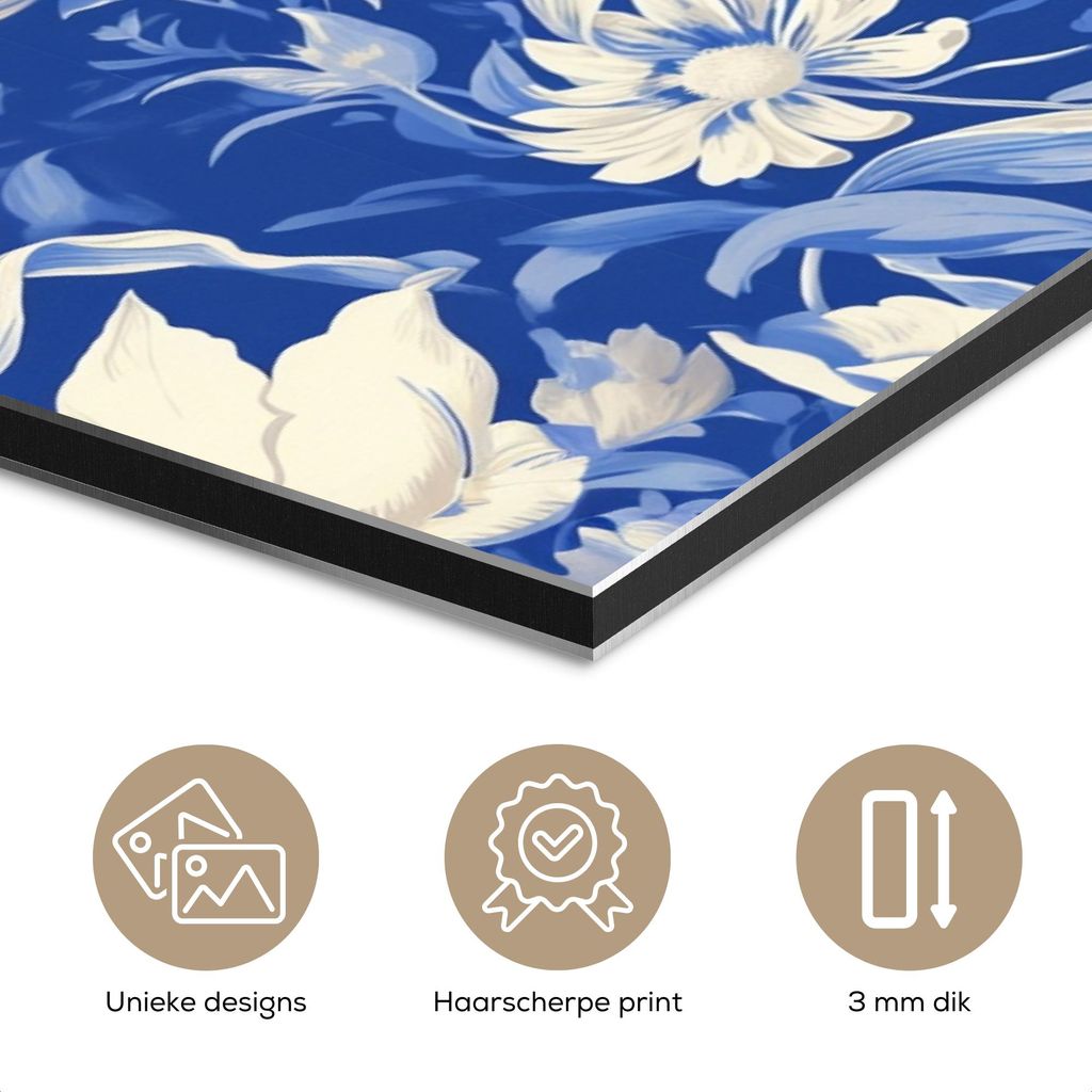 MuchoWow Wanddekoration Metall Metallbild Wandkunst 150x100 cm Blumen - Delfter Blau - Muster - Tulpe MuchoWow Aluminium Gemälde - Alu Dibond Bild