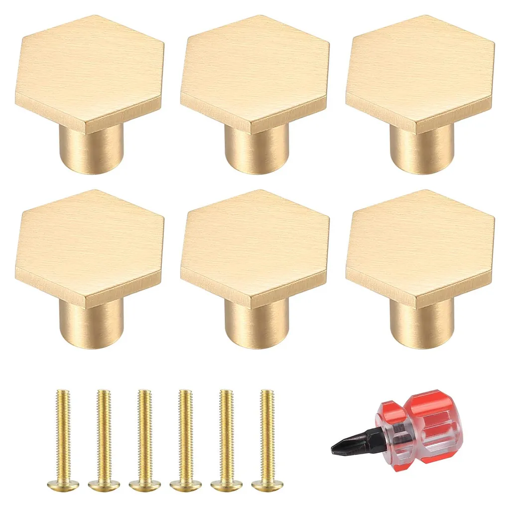 Lot de 6 boutons de meuble hexagonaux en laiton doré vintage 22x18mm