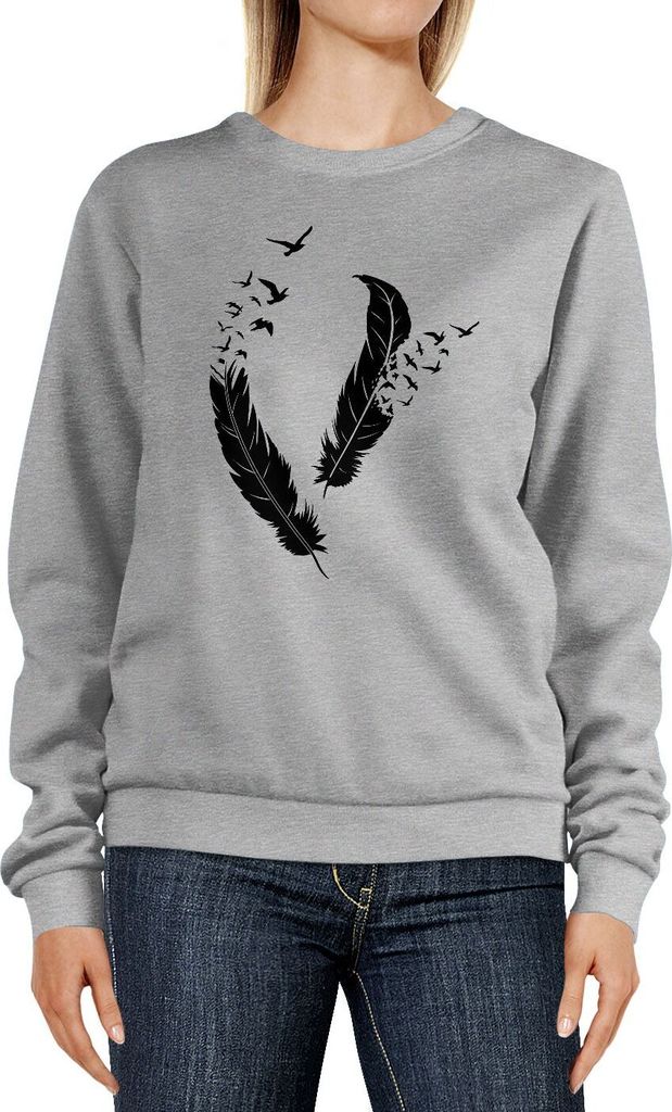 Sweatshirt Damen Print Feder Vögel Rundhals-Pullover Pulli Sweater Neverless grau-melange M