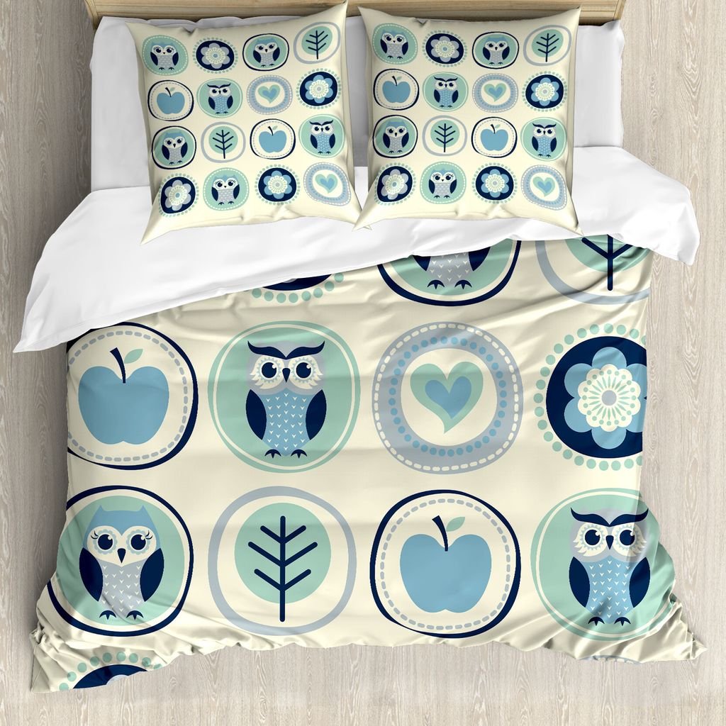 ABAKUHAUS Eule Drucken Bettbezug Set für Einzelbetten, Blumen Äpfel in den Kreisen, Milbensicher Allergiker geeignet mit Kissenbezug, 155 cm x 22...