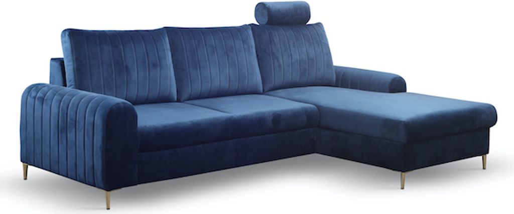 Ecksofa "Monaco" Eckcouch Sofa Schlaffunktion marineblau / Füße Gold Recamiere rechts