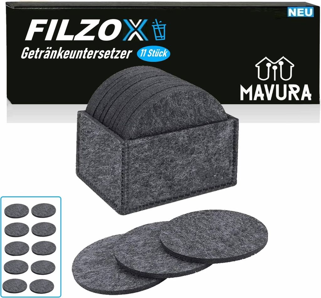 FILZOX Filz Untersetzer Set rund Premium Design Glasuntersetzer Getränke grau