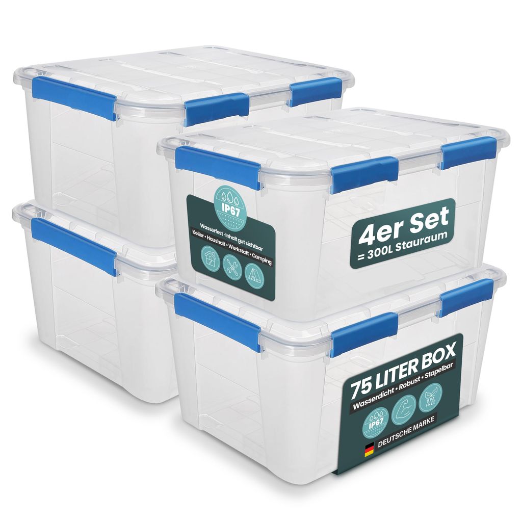 Kreher Aufbewahrungsbox 75 L mit Deckel - wasserdicht & staubdicht, transparent & stapelbar, BPA- & schadstofffrei, robuste Kunststoffbox (4 Stück)