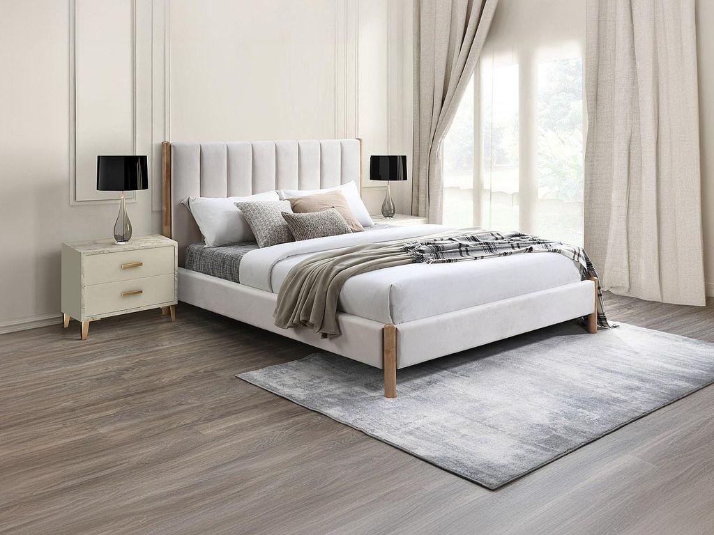 Bett 160 × 200 cm mit Kopfteil mit vertikalen Nähten - Velours - Elfenbein + Matratze - SIZAMA