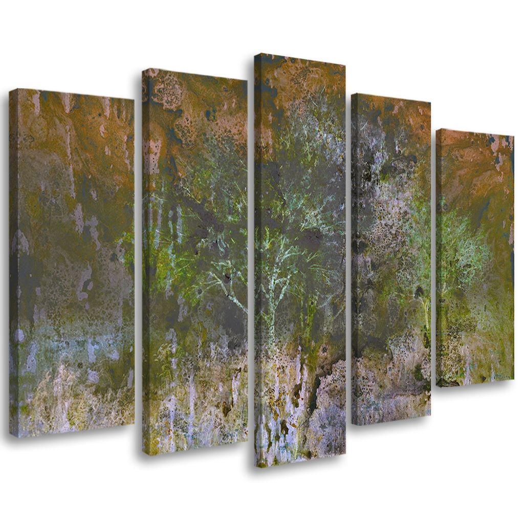 5-teiliges leinwandbild blühender baum in einer rostroten wiese 100x70 cm Feeby braun wandbild bereit zum aufhängen
