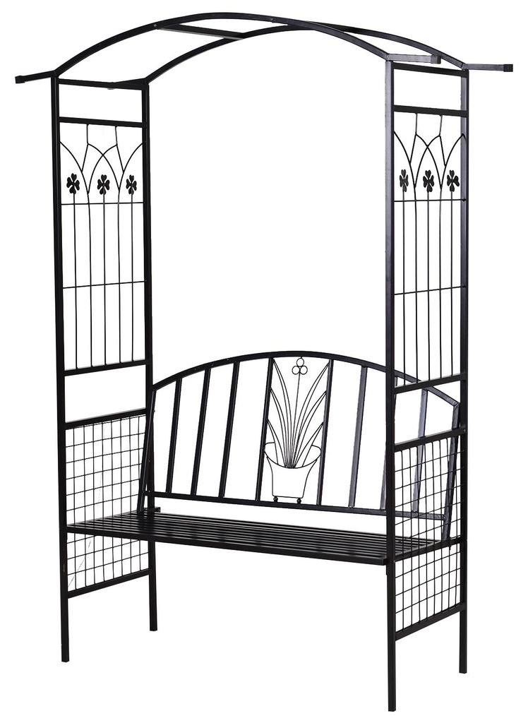 Pflanzbogen mit Bank Sitzbank Torbogen Rankgitter Rankhilfe Garten Bogendach Metall Schwarz 154 x 60 x 205 cm