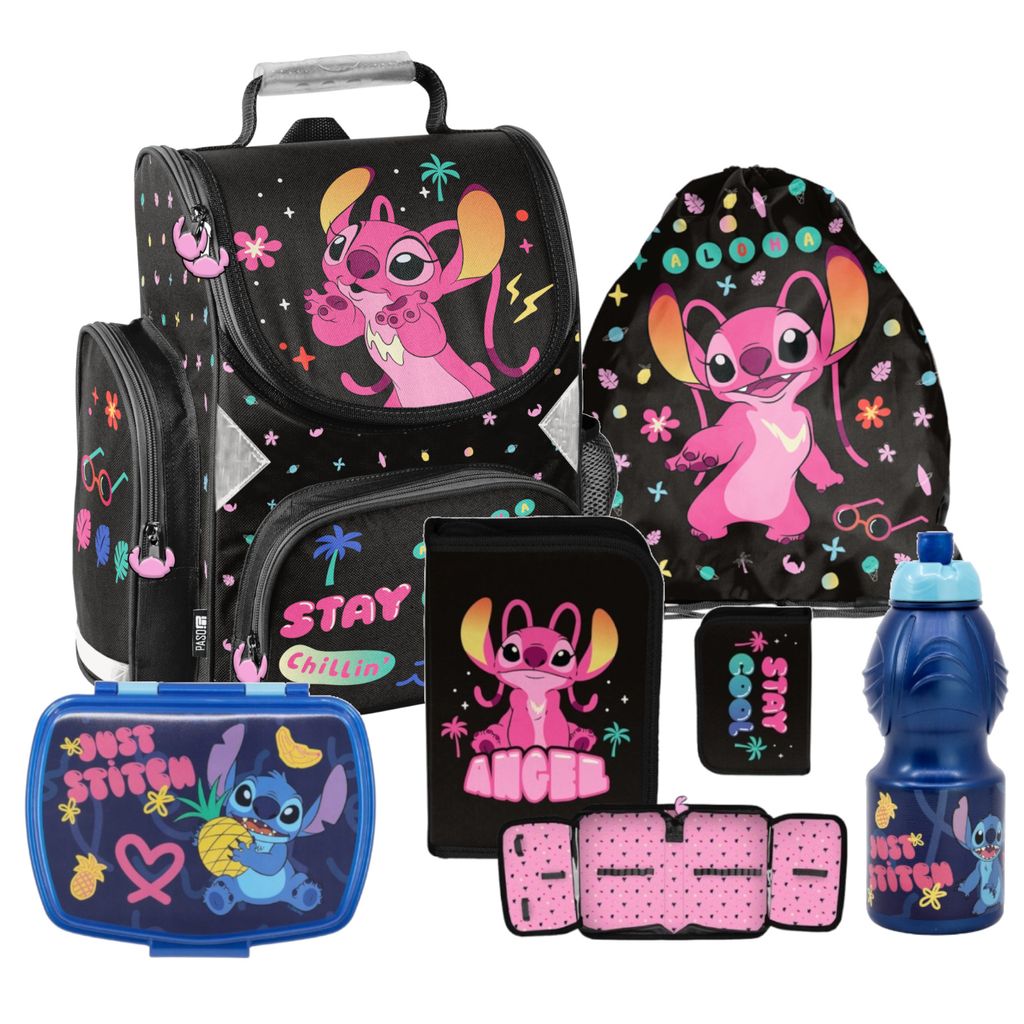 Rucksack für Kinder Schulranzen Lilo und Stitch 1-3 Klasse Set Mädchen ergonomischer Ranzen Federmappe Grundschule 5-er Set