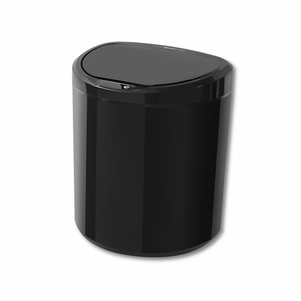 A black sensor trash can with its lid closed, shown from a slightly elevated angle against a white background.