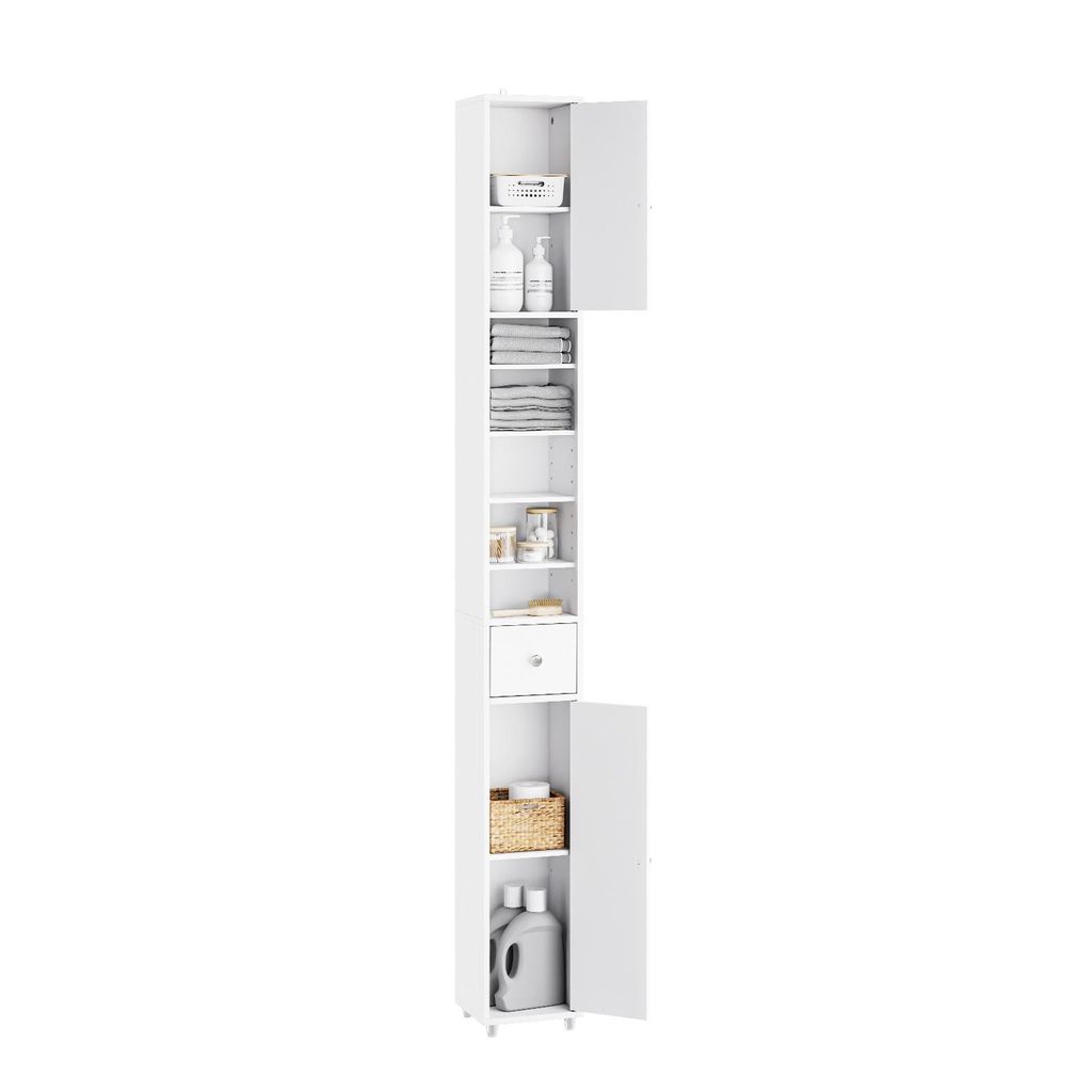 A tall, narrow white cabinet with multiple shelves and doors, containing various bathroom items.