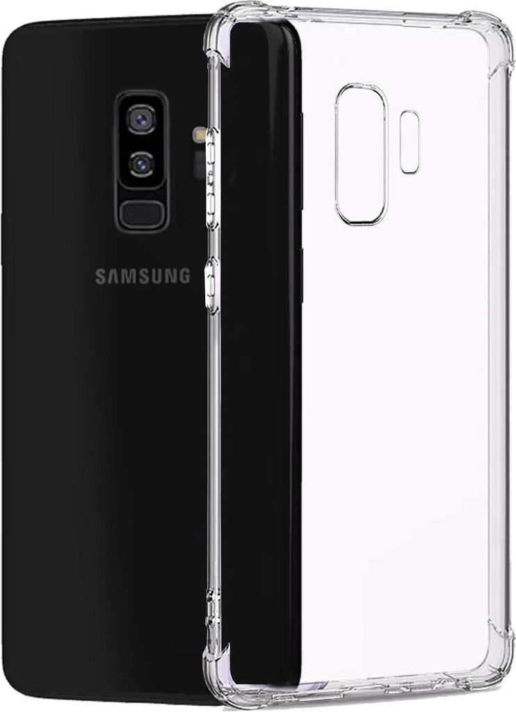 A black Samsung Galaxy S9 Plus phone next to a transparent phone case.