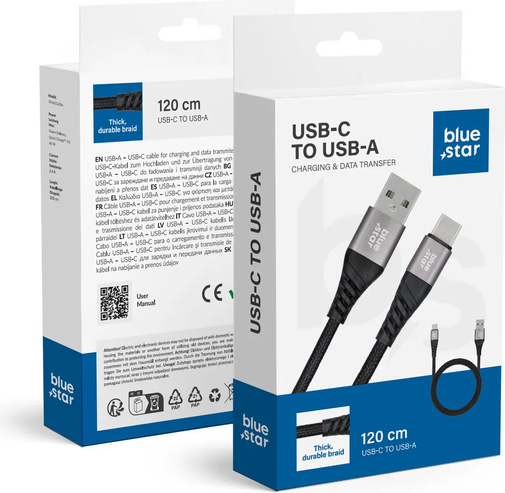 Cavo Ricarica USB C Blue Star 3A Nylon 1.2m - Sincronizzazione Dati