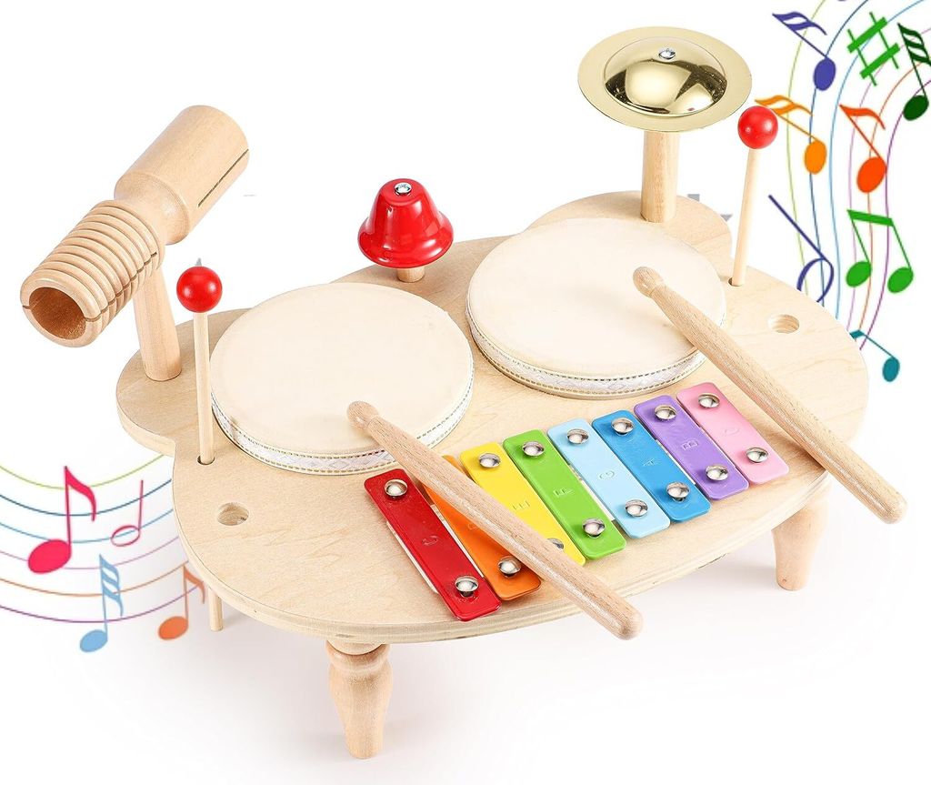 Musikinstrumente für 1+ Jahre alte Kindertrommel aus Holz, 10-in-1-Musikinstrument, Montessori-Kinderspielzeugtrommel, Geschenk für 1 2 3 4 5 Jah...