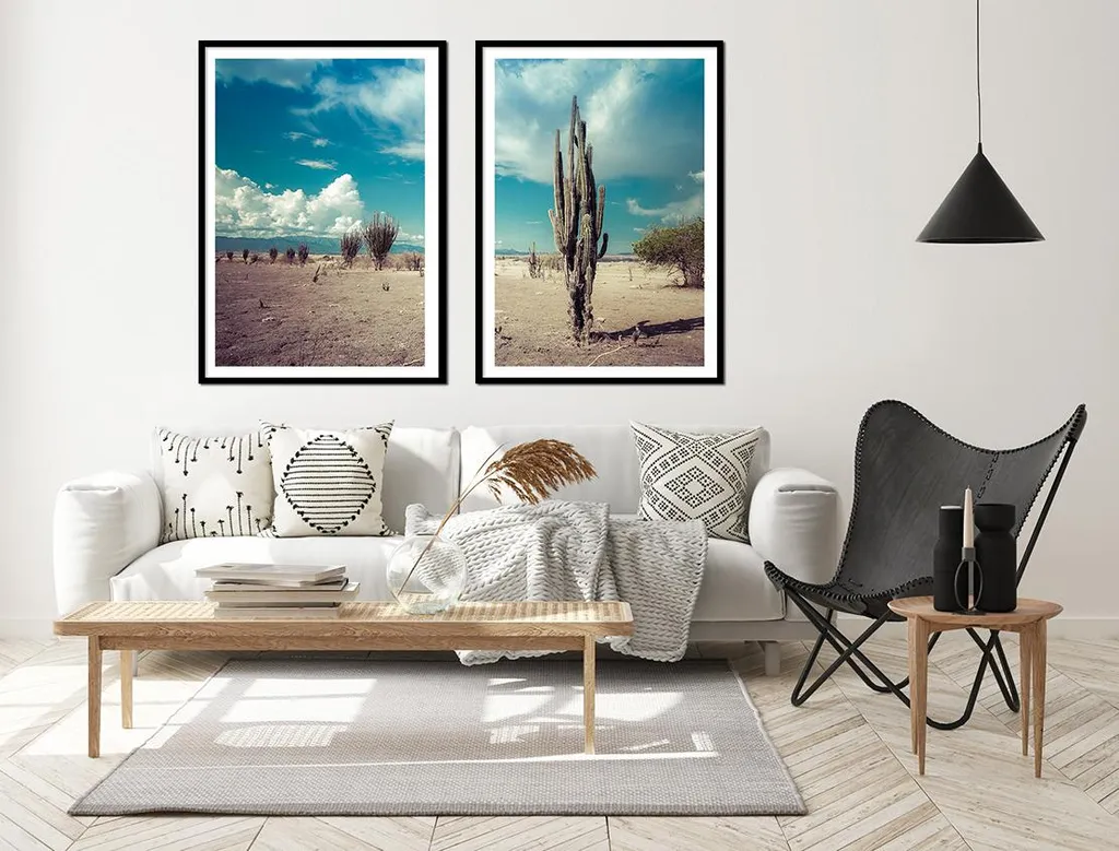 Set de 2 Tableaux Décoratifs Cactus Boho Encadrés Format 53x73 cm