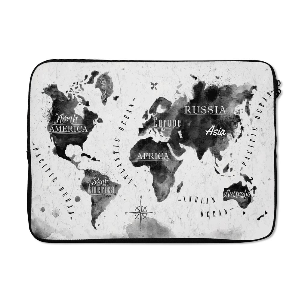 MuchoWow Laptop Hülle 13 Zoll Weltkarte - Aquarell - Schwarz - Weiß Laptoptasche - Laptophülle - Sleeve - Rundumschutz