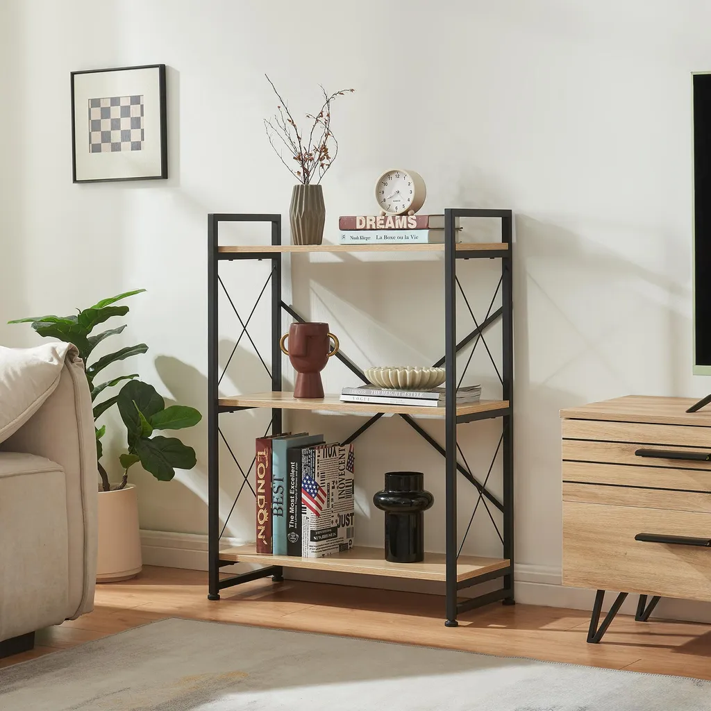 Étagère industrielle Skørping métal noir et tablettes bois chêne 90cm