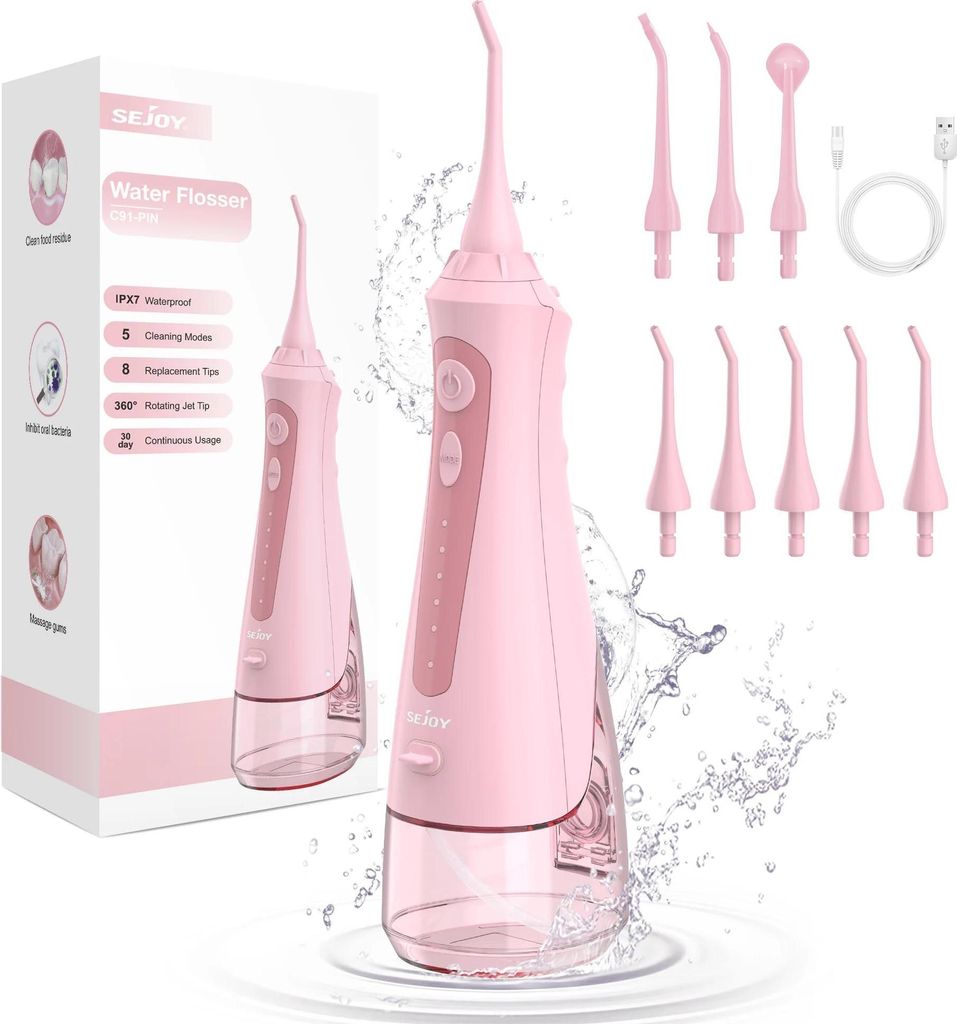 Munddusche - Elektrischer Oral Irrigator/Water Flosser - Wassertank 230 ml - 5 Modi - 5 Düsen - Puls 1600–1999/min - Wiederaufladbar - Tragbar -...