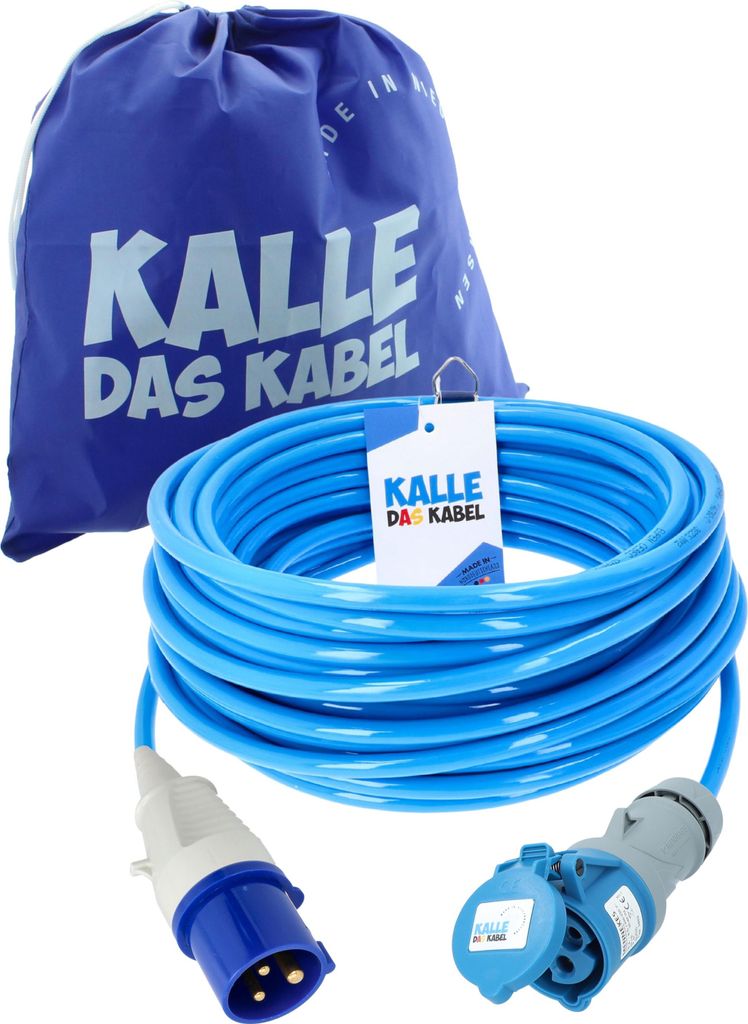 KALLE DAS KABEL CEE PUR Verlängerungskabel H07BQ-F 3G 2,5 mm² 50 Meter Stecker mit Sicherungsöse 230 V 16A Schutzart IP44 Polyurethankabel BLAU ...