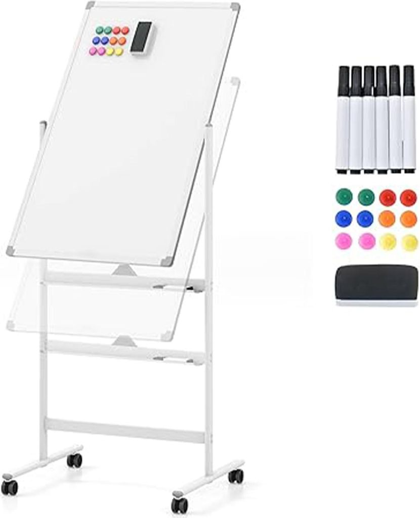 Doppelseitiges mobiles Whiteboard, 60 x 90 cm, magnetisches Whiteboard höhenverstellbar mit Rollen & Ständer, mit Stiftablage, inkl. Zubehör