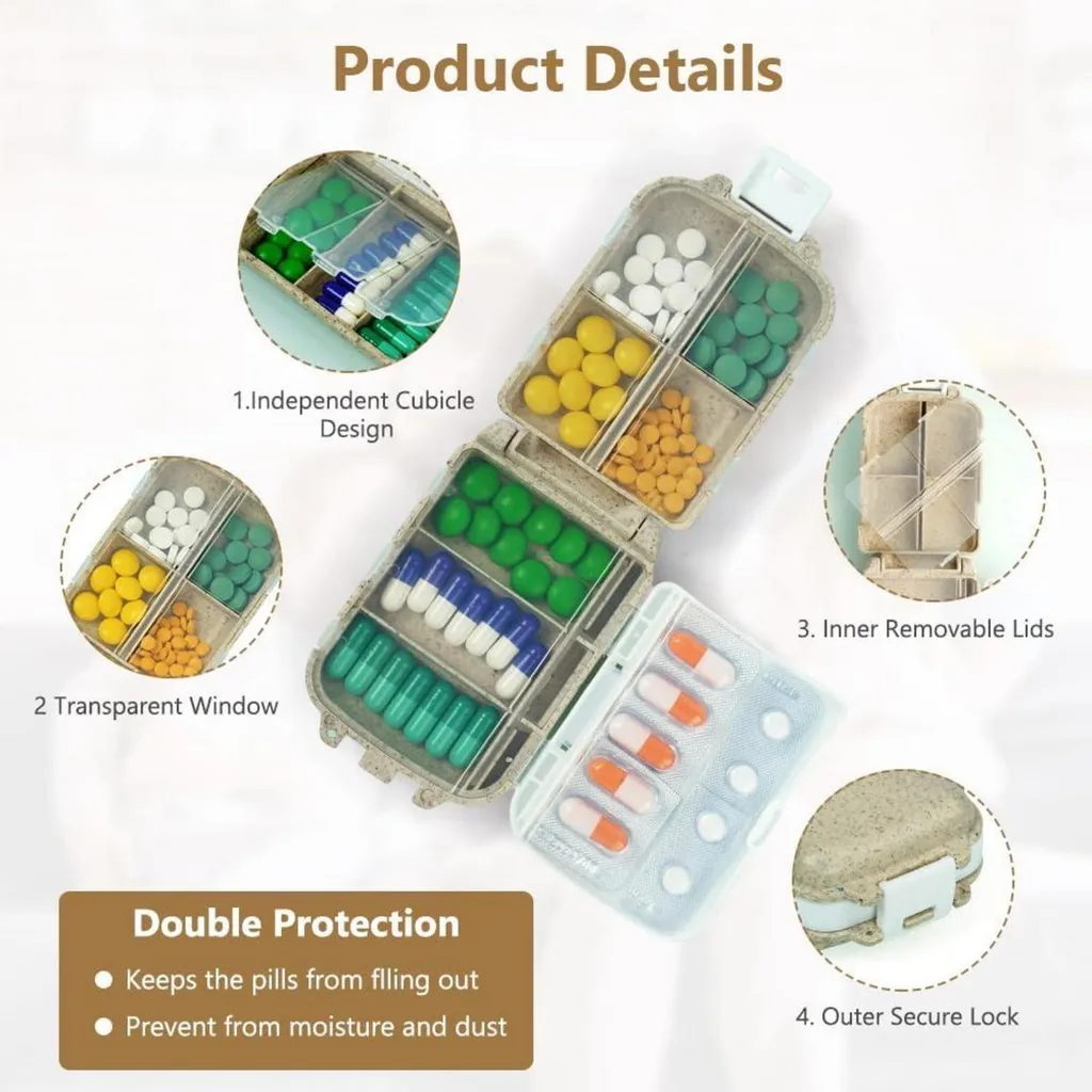 Scatola per pillole 7 giorni Scatola per pillole 8 griglie Scatola per farmaci Beige - 3