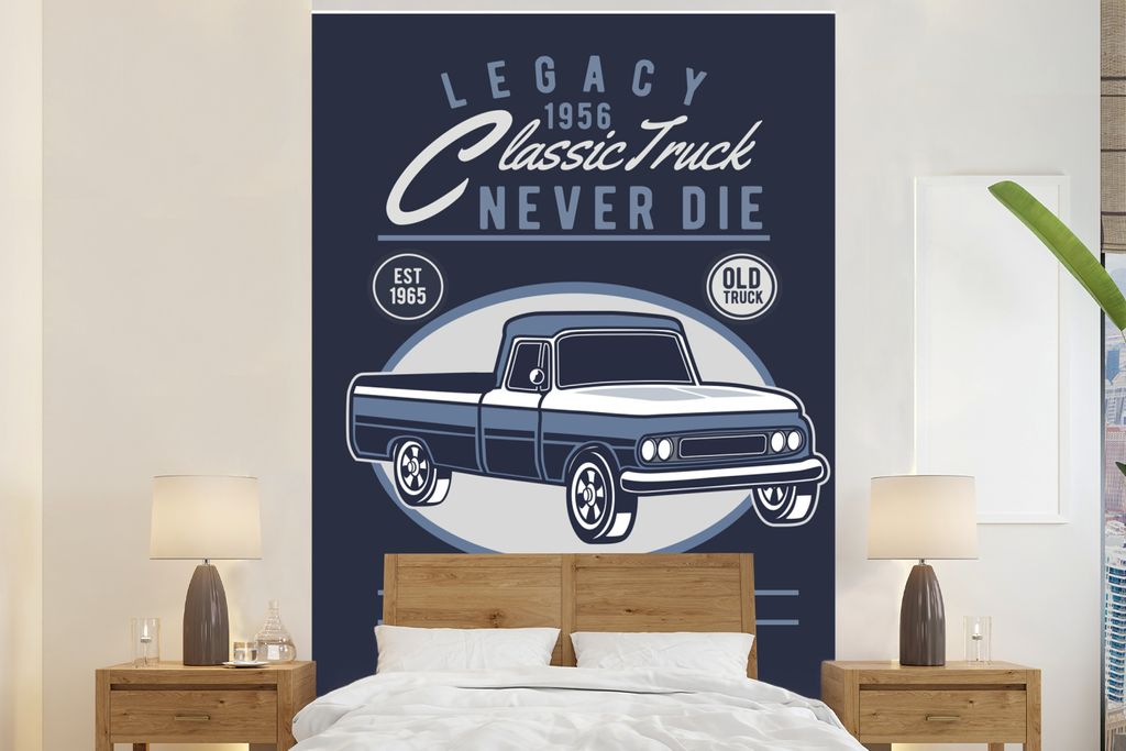 MuchoWow Fototapete für Wohnzimmer oder Schlafzimmer Wandtapete Vinyl Motivtapete Lkw - Retro - Zeichnung - 195x300 cm - Das Hintergrundbild