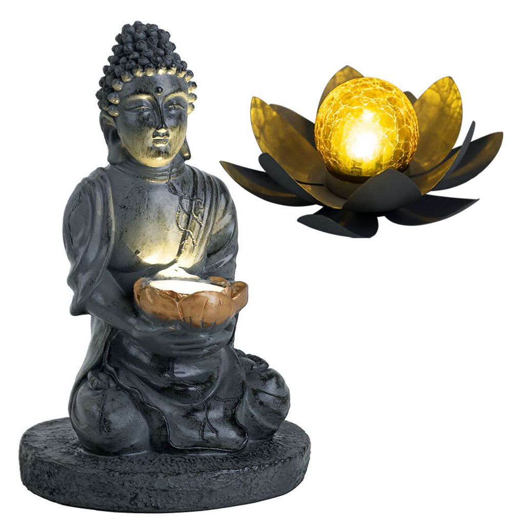 2er Set LED Solarleuchten, 1x Lotusblume, 1x Buddha