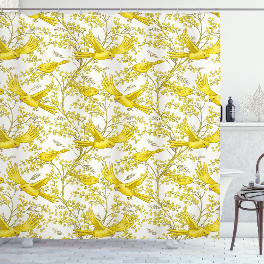 ABAKUHAUS Frühling Duschvorhang, Romantische Sommersaison Branchen der Mimosa Blumen und Birdies, 175 x 200 cm, Yellow Earth Gelb