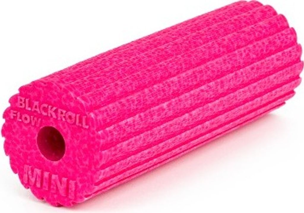 A pink foam roller with ridges and text on the end.