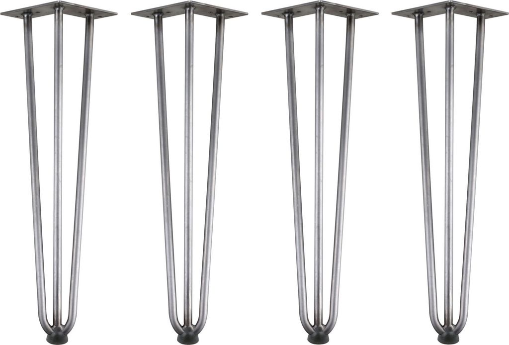 Four metal table legs on a white background.